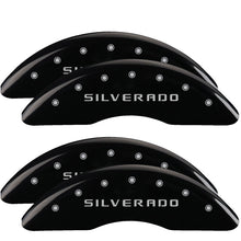 Load image into Gallery viewer, MGP 4 Caliper Covers Engraved Front & Rear Silverado Black finish silver ch
