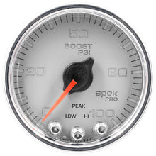 Load image into Gallery viewer, Autometer Spek-Pro Gauge Boost 2 1/16in 100psi Stepper Motor W/Peak & Warn Slvr/Chrm