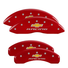 Load image into Gallery viewer, MGP 4 Caliper Covers Engraved Front & Rear Chevy Racing Red Finish Silver Char 2016 Chevrolet SS