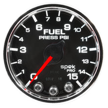 Load image into Gallery viewer, Autometer Spek-Pro Gauge Fuel Press 2 1/16in 15psi Stepper Motor W/Peak & Warn Blk/Chrm