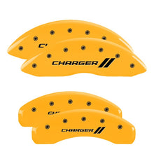 Load image into Gallery viewer, MGP 4 Caliper Covers Engraved Front & Rear With stripes/Charger Yellow finish black ch