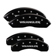 Load image into Gallery viewer, MGP 4 Caliper Covers Engraved Front & Rear Wrangler Black Finish Silver Char 2018 Jeep Wrangler