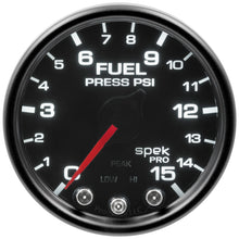 Load image into Gallery viewer, Autometer Spek-Pro Gauge Fuel Press 2 1/16in 15psi Stepper Motor W/Peak & Warn Blk/Smoke/Blk