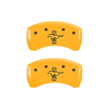 Load image into Gallery viewer, MGP 4 Caliper Covers Engraved Front Mustang Rear Bar & Pony Yellow Finish Blk Char 2006 Ford Mustang