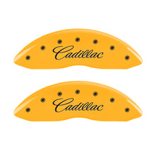 Load image into Gallery viewer, MGP 4 Caliper Covers Engraved Front & Rear Cursive/Cadillac Yellow finish black ch