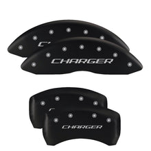 Load image into Gallery viewer, MGP 4 Caliper Covers Engraved Front & Rear With stripes/Dodge Black finish silver ch