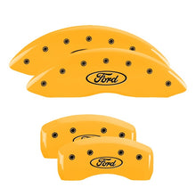 Load image into Gallery viewer, MGP 4 Caliper Covers Engraved F & R Oval Logo/Ford Yellow Finish Black Char 2002 Ford Crown Victoria