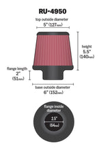 Load image into Gallery viewer, K&N Filter Universal Rubber Filter 2 1/2 inch Flange 6 inch Base 5 inch Top 5 1/2 inch Height