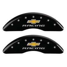 Load image into Gallery viewer, MGP 4 Caliper Covers Engraved F & R Chevy Racing Black Finish Silver Char 2019 Chevrolet Camaro