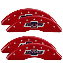 Load image into Gallery viewer, MGP 4 Caliper Covers Engraved F & R 100th Anniv Red Finish Silver Char 2019 Chevy Silverado 3500 HD