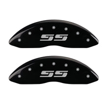 Load image into Gallery viewer, MGP 4 Caliper Covers Engraved Front & Rear Silverado style/SS Black finish silver ch