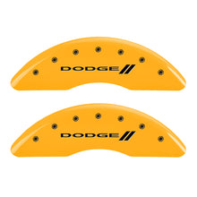 Load image into Gallery viewer, MGP 4 Caliper Covers Engraved F & R Stripes/Dodge Yellow Finish Black Char 2010 Dodge Ram 3500