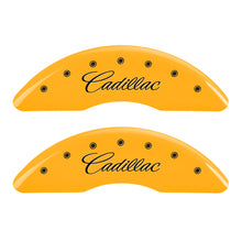 Load image into Gallery viewer, MGP 4 Caliper Covers Engraved Front & Rear Cursive/Cadillac Yellow finish black ch