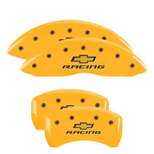 Load image into Gallery viewer, MGP 4 Caliper Covers Engraved Front & Rear Chevy racing Yellow finish black ch
