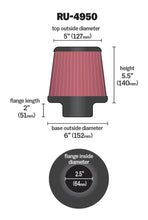Load image into Gallery viewer, K&N Filter Universal Rubber Filter 2 1/2 inch Flange 6 inch Base 5 inch Top 5 1/2 inch Height