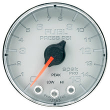 Load image into Gallery viewer, Autometer Spek-Pro Gauge Fuel Press 2 1/16in 15psi Stepper Motor W/Peak & Warn Slvr/Chrm
