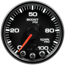 Load image into Gallery viewer, Autometer Spek-Pro Gauge Boost 2 1/16in 100psi Stepper Motor W/Peak & Warn Blk/Blk