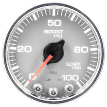 Load image into Gallery viewer, Autometer Spek-Pro Gauge Boost 2 1/16in 100psi Stepper Motor W/Peak & Warn Slvr/Chrm