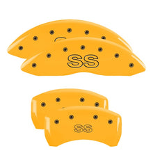Load image into Gallery viewer, MGP 4 Caliper Covers Engraved Front & Rear Classic/SS Yellow Finish Black Char 2000 Chevrolet Camaro