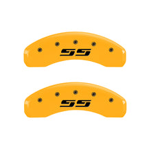 Load image into Gallery viewer, MGP 4 Caliper Covers Engraved F & R Silverado SS Yellow Finish Black Char 2002 Chevy Silverado 1500