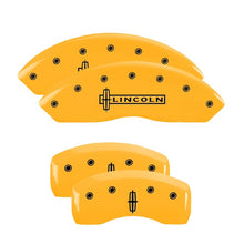 Load image into Gallery viewer, MGP 4 Caliper Covers Engraved Front Lincoln Engraved Rear Star logo Yellow finish black ch
