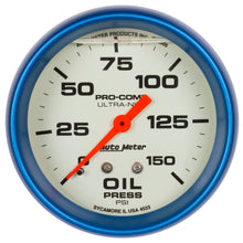 Load image into Gallery viewer, Autometer Ultra-Nite 2-5/8in 0-150 PSI Liquid Filled Mechanical Glow In Dark Oil Pressure Gauge
