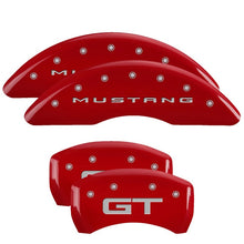 Load image into Gallery viewer, MGP 4 Caliper Covers Engraved Front 2015/Mustang Engraved Rear 2015/GT Red finish silver ch
