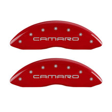 Load image into Gallery viewer, MGP 4 Caliper Covers Engraved Front Gen 4/Camaro Engraved Rear Gen 4/SS Red finish silver ch
