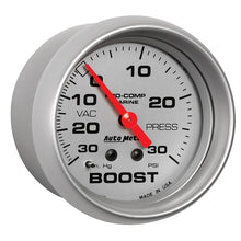 Load image into Gallery viewer, AutoMeter Marine Vac/Boost Gauge 2 5/8in  30INHG 30PSI Mechanical- Silver
