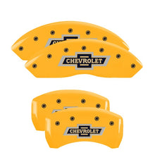 Load image into Gallery viewer, MGP 4 Caliper Covers Engraved F &amp; R 100 Anniversary Yellow Finish Black Char 2019 Chevrolet Colorado
