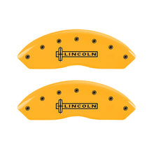 Load image into Gallery viewer, MGP 4 Caliper Covers Engraved Front Lincoln Engraved Rear Star logo Yellow finish black ch
