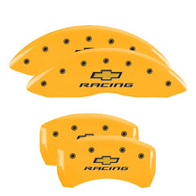Load image into Gallery viewer, MGP 4 Caliper Covers Engraved F &amp; R Chevy Racing Yellow Finish Black Char 2019 Chevrolet Malibu
