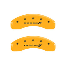 Load image into Gallery viewer, MGP 4 Caliper Covers Engraved Front &amp; Rear With stripes/Dodge Yellow finish black ch
