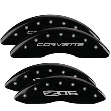 Load image into Gallery viewer, MGP 4 Caliper Covers Engraved Front C6/Corvette Engraved Rear C6/Z06 Black finish silver ch
