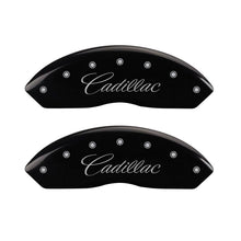 Load image into Gallery viewer, MGP 4 Caliper Covers Engraved Front Cursive/Cadillac Engraved Rear STS Black finish silver ch
