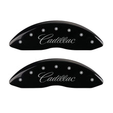 Load image into Gallery viewer, MGP 4 Caliper Covers Engraved Front Cursive/Cadillac Engraved Rear CTS Black finish silver ch
