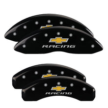 Load image into Gallery viewer, MGP 4 Caliper Covers Engraved F &amp; R Chevy Racing Black Finish Silver Char 2012 Chevrolet Camaro
