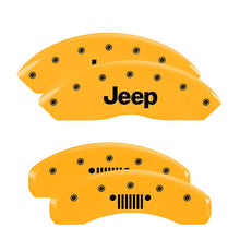 Load image into Gallery viewer, MGP 4 Caliper Covers Engraved Front Jeep Rear Grill Logo Yellow Finish Black Char 2004 Jeep Wrangler
