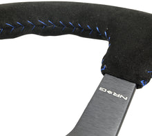 Load image into Gallery viewer, NRG Reinforced Steering Wheel (350mm / 3in. Deep) Blk Suede/Blue BBall Stitch w/5mm Matte Blk Spokes
