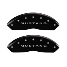 Load image into Gallery viewer, MGP 4 Caliper Covers Engraved Front Mustang Engraved Rear Bar &amp; Pony Black finish silver ch
