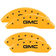 Load image into Gallery viewer, MGP 4 Caliper Covers Engraved Front &amp; Rear Denali Yellow Finish Black Char 2003 GMC Safari
