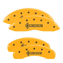 Load image into Gallery viewer, MGP 4 Caliper Covers Engraved Front &amp; Rear Lincoln Yellow finish black ch
