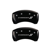 Load image into Gallery viewer, MGP 4 Caliper Covers Engraved Front &amp; Rear With stripes/Charger Black finish silver ch
