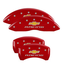 Load image into Gallery viewer, MGP 4 Caliper Covers Engraved Front &amp; Rear Chevy Racing Red Finish Silver Char 2019 Chevrolet Malibu
