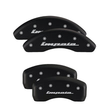 Load image into Gallery viewer, MGP 4 Caliper Covers Engraved Front &amp; Rear Chevy Racing Red Finish Silver Char 2017 Chevrolet Camaro
