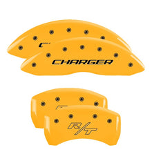 Load image into Gallery viewer, MGP 4 Caliper Covers Engraved Front Charger Engraved Rear RT Yellow finish black ch
