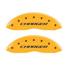 Load image into Gallery viewer, MGP 4 Caliper Covers Engraved Front &amp; Rear Block/Charger Yellow Finish Black Char 2006 Dodge Charger
