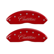 Load image into Gallery viewer, MGP 4 Caliper Covers Engraved Front Cursive/Cadillac Engraved Rear CTS4 Red finish silver ch

