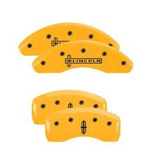 Load image into Gallery viewer, MGP 4 Caliper Covers Engraved Front Lincoln Rear Star Logo Yellow Finish Black Char 2011 Lincoln MKZ
