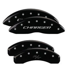 Load image into Gallery viewer, MGP 4 Caliper Covers Engraved Front &amp; Rear Block/Challenger Black finish silver ch
